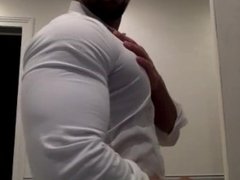 Ripping my white shirt while flexing my big muscle pecs and biceps