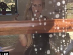 Girl with huge pierced boobs masturbates in front of window