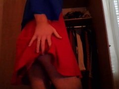 Cute secretary crossdresser masturbating in a red dress