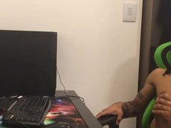 Gay black student jerking off while paying at pc