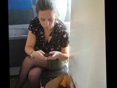 Downblouse and pantyhose legs on train