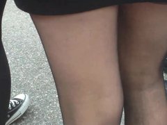 Candid teen in sneekers and black oppacure pantyhose