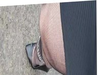 Walking in Black ankle strap shoes, fishnets and skirt (POV)