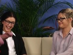 Two cute girls watch guy squirt his load during an interview